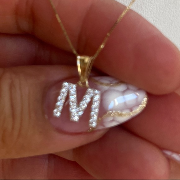 2pc set 14K Yellow Gold CZ M initial 16” inches 0.5mm Dainty Box chain necklace - Picture 4 of 12